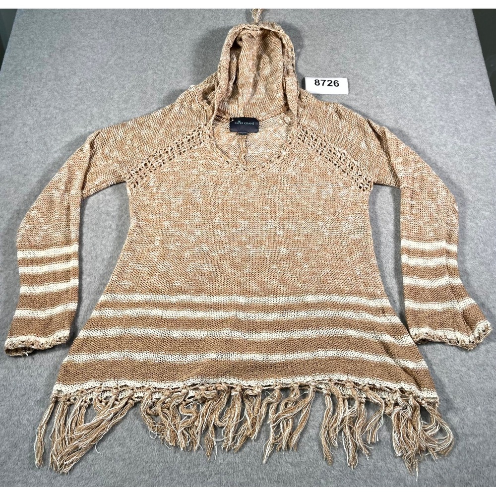 Paper Crane Sweater Womens L Beige Striped Acrylic Hooded Open‎ Knit Fringe Hem
